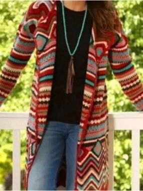 Wrangler Vintage Granny Square Crochet Knit Long Line Open Front Cardigan Large
